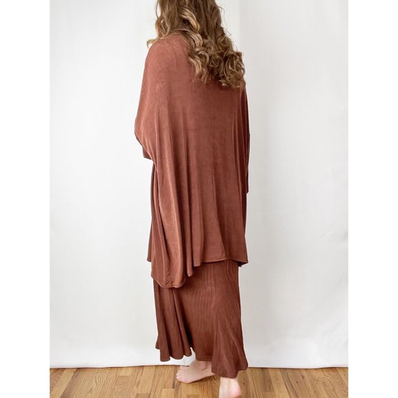 Vintage Chocolate Matching Set Midi Maxi High Rise Skirt Open Duster Cardigan - Picture 2 of 6